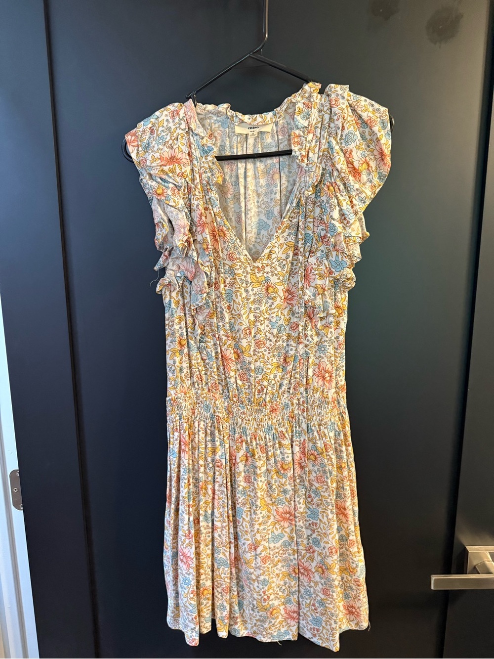 entro Floral Ruffle V-Neck Dress in Cream with Pink, Blue & Yellow Print